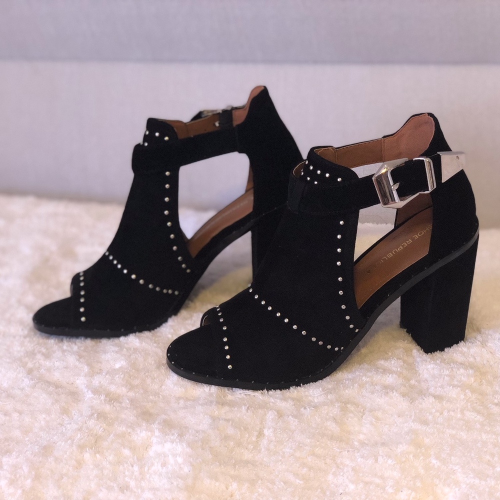 Black Studded Suede Peep Toe Booties - Picture 7 of 8